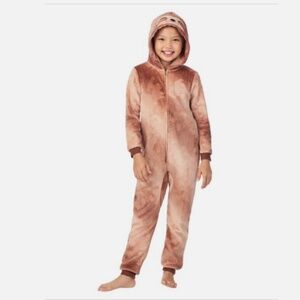 Saint Eve Youth Hooded Fleece Sleeper Pajamas Brown Plush Sloth Size Small (7/8)